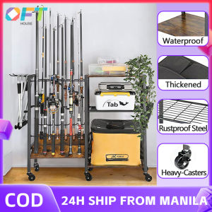 High Functional Fishing Gear And Rod Storage Rack Multi-Layer Metal Fishing Rod Display Rack High-Capacity Floor Standing Fishing Gear Sorting And Storage Rack Capable Of Storing Up To 12 Fishing Rods