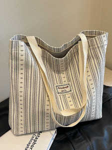 Ladies Large Capacity Commuter Tote Bag Embroidered Line Pattern Casual Fashion Simple Design Handbag Soft Handle Shoulder Bag