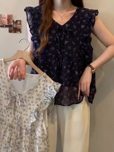 AIYITI | Plus Size Floral Print French Style Shirt Summer Thin Lyocell Sleeveless V-Neck Top For Women Casual Straight Cut Lightweight