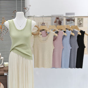 Spring Autumn Soft Cozy Wooden Edge Ear U-Neck Loose Slim Knitted Strap Vest Women Inner Wear Outer Wear Sleeveless Top
