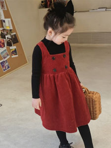 ชุดเดรสคอตตอนฤดูใบไม้ร่วง/ฤดูหนาวสำหรับเด็กผู้หญิงสไตล์เจ้าหญิง เสื้อกั๊กสีน้ำตาล กระโปรงทรงเอ แขนสั้น ความยาวปกติ ด้านหลังจีบ