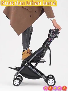 BEIGE Stroller Bayi Auto Fold Travel Portabel Newborn Kapasitas 100kg Aman 2 arah