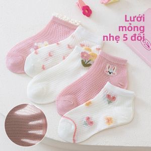 Tất MiiOW bé gái làm bằng cotton tất thuyền lưới mỏng in họa tiết hoạt hình thoải mái