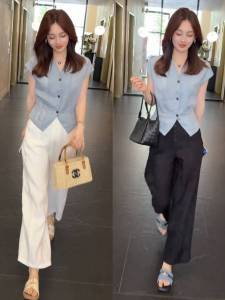 Vintage & Korean Style Short Sleeve V-Neck Blouse + Capri Pants Set