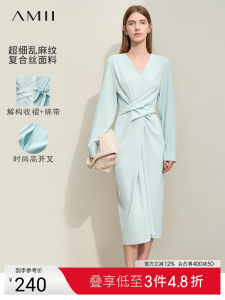 Elegant Commuter Style V-Neck Tied Waist Pleated Long Sleeve Loose Dress Autumn Spring Amii New Arrival Simple Chic Midi Dress