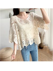 ฤดูร้อน New Hooked Knitted ลูกไม้ เสื้อท่อนบน ผู้หญิง โอเวอร์ไซส์ มีฮู้ด Hollow Out หลากหลาย Seven Sleeve Sun Protection Upper Body