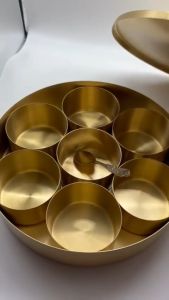 Brass Masala Dabba Spice Box Set with Lid & Spoon | Round 7-Container Kitchen Organizer (Gold Finish | Size - 8 inch | Weight - 870g)