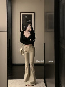 Old Money Style Khaki Color mid Low Waist Bell Bottom Jeans Womens Slimming Long Cotton Stretch Denim Casual Fashion