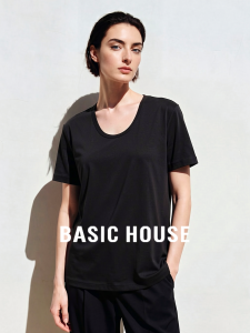Basic House | Black Round Neck Short Sleeve Summer Lightweight Silk T-Shirt