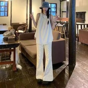 กางเกงขายาวทรงหลวมพิมพ์ลายดอกไม้เอวสูง ทรงหลวม ทรงสลิมฟิต ทรงหลวม ทรงลำลอง กางเกงขายาวทรงหลวมสำหรับผู้หญิง