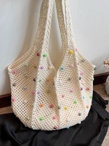 ลำลอง กระเป๋าช้อปปิ้งทอมุกสําหรับวันหยุดชายหาดความจุขนาดใหญ่กระเป๋าสะพายไหล่เดี่ยวสําหรับหญิงสาว