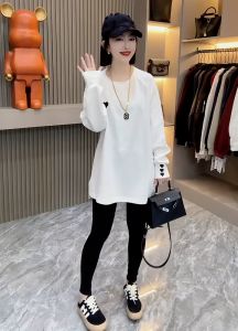 Street Style Long Sleeve T-Shirt Women Loose round Neck Mid-Length Embroidered Cotton Autumn New Arrival Fashion Casual Top