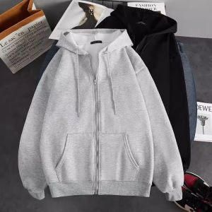 Thickened Fleece Hooded Open Cardigan Sweatshirt for Men Casual Loose Fit Autumn Winter Construction Site Workwear Zipper Hoodie