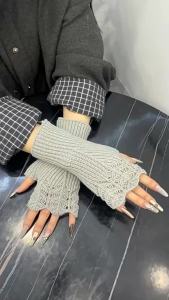 Stylish Women Autumn Winter Short Fish Scale Knitted Fingerless Gloves Warm Wrist Guard Sleeve Wool Blend Hollow Out Breathable