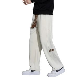 Mens Fleece Lined Straight Leg Sweatpants Autumn Winter Loose Wide Leg Casual Long Trousers Comfortable Breathable Polyester Fiber