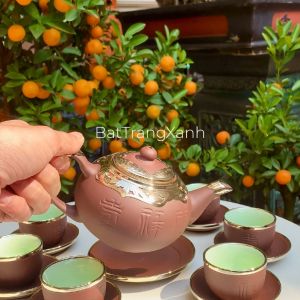 Bộ Ấm Trà Bọc Đồng Trắng Đủ Phụ Kiện - Phúc Lộc Thọ Ráp Đồng - Ấm Chén Bọc Đồng Cao Cấp Vương Mạnh Tuấn