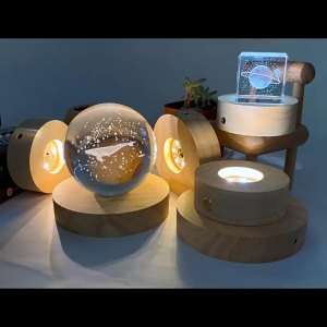 Round Solid Wood DIY LED Lamp Base | USB Powered Touch-Powered Illuminated Lamp Holder | Crystal Ball Wine Glass Ambient Night Light | Creative Decorative Lamp for Room Desktop