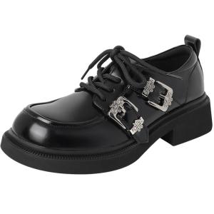Josiny | Black Metal Buckle JK British Style Platform Loafers