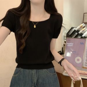 Korean Style Casual Square Neck Short Sleeve Knitted Shirt Womens Summer New Fashion Show Clavicle Short Top Breathable Skin-Friendly