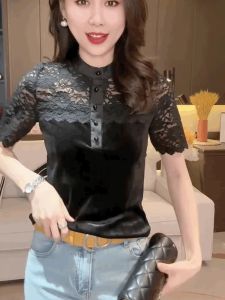 Lace Patchwork Velvet Short Sleeve T-Shirt Womens Luxury Hollow out Stand Collar Base Shirt Black Commute Style Spring Fashion