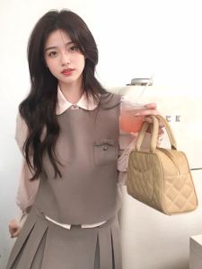 French Vintage Milk Tea Color Womens Vest Set Spring Autumn British College Style Shirt Short Skirt Three-piece Suit