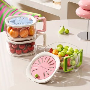 Kitchen Food Strainer With Lid Clear Plastic Fruit Vegetable Washing Draining Storage Box Fridge Organizer Basket Container