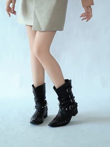 PINKEY P406 Sepatu Boots Wanita Kulit Hitam Western Edgy Tali Gesper Sabuk Metal