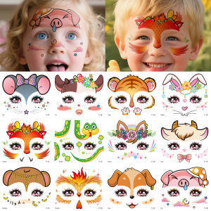 12Pcs Zodiac Signs Face Stickers Temporary Tattoos Waterproof Animal Series Fake Body Paint for Party Festival Birthday Christma
