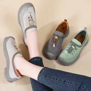 รองเท้าผ้าใบผู้หญิงระบายอากาศได้ดีฟลายนิตรองเท้ากีฬานิ่มน้ำหนักเบาเป็นพิเศษชุดลำลองขนาดใหญ่35-41สีเขียวเทาสไตล์เกาหลี
