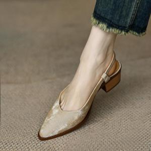 Baotou Sandals Women's Summer Block Heel Silk Soft Leather Commuter Mid-heel Pointed Toe Back Empty Single Shoes