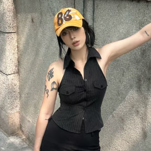 BINKAFENNY | Elegant Black Stripe Polo Neck Sleeveless Strap Vest Women Summer Waist Cinch Backless Stylish Super Beautiful Top