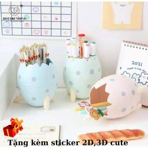 Khay đựng bút viết cọ trang điểm hình trứng khủng long Tặng kèm sticker 2D 3D để bàn siêu đáng yêu