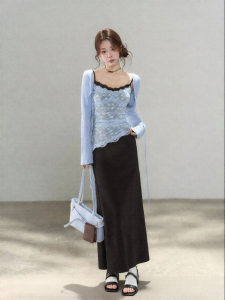 YIKEXIAOYEMEI | Đầm Dài Knit Giả Hai Mảnh Màu Khối