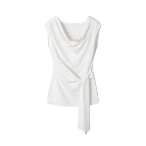 YUEZHONGWEI | French Style Asymmetric Short Sleeve T-Shirt Women Summer Design Sense Waist Cinching Fly Sleeve V-neck Top White Color