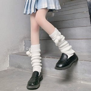 JK Vertical Pattern Knitted Leg Warmers Lolita Cute Fur Ball Bunching Socks Female Autumn and Winter White Long Thick Thigh High Boots
