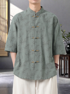 JIARONG | Áo Sơ Mi Nam Kiểu Trung Quốc Cổ Đứng Tay 3/4 Thoáng Khí Từ Vải Linen