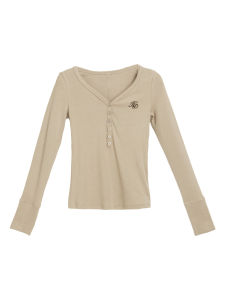 American Style Long Sleeve V-Neck T-Shirt Womens Slim Fit Waist Design Spring Autumn Short Inner Wear Top Fashionable Commute