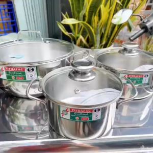 Bộ 3 nồi Inox Tithafac nắp kính dùng được cho mọi loại bếp bộ 3 nồi INOX nắp kính size 16cm-20cm-24cm
