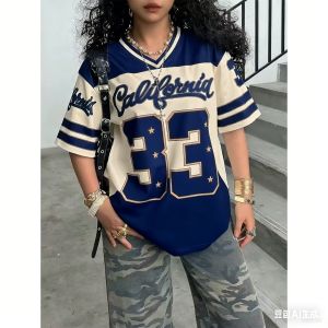 Womens Casual Personality Number & Letter Printing Soccer T-Shirt Fashion V-Neck Loose Oversize Comfort Top Spring/Fall