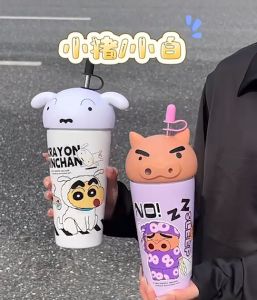 600ML Crayon Shinchan Insulated Stainless Steel Tumbler with Straw - Cartoon Character Water Bottle