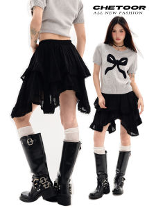 Váy Ngắn Chữ a Màu Đen Mùa Hè 2025 Mới Cạp Cao Không Đều Bánh Kem Đuôi Cá Váy Ngắn Cho Nữ Phong Cách Cổ Điển Váy Chữ a