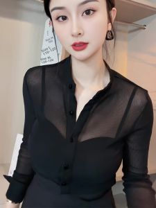 UYFY | Seductive Mesh Design Black Mandarin Collar Long Sleeve Shirt