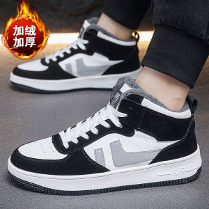 Mens Winter High Top Basketball Shoes Warm Fleece Lined Sport Shoes Youth Trend Korean Style round Toe Thick Bottom Rubber