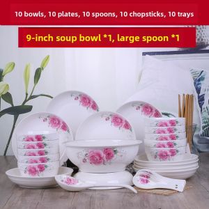 Chinese Style Ceramic Bowl Set 10 Pieces Microwave Safe Simple Design Soup Bowl Fish Plate Spoon Chopsticks Combination Dining Utensils