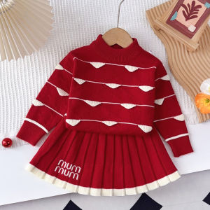 Bear Leader Autumn Winter Striped Triangle Knitted Sweater + Pleated Skirt 2-piece Set Sweet Red Christmas New Year Girl Suit 2-6 Years Kids Wear