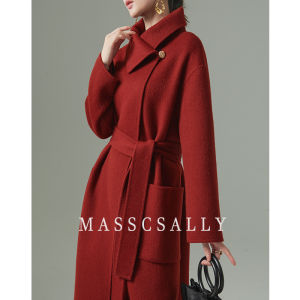 MASSCSALLY | High-End Red Double-Face Camel Wool Long Women Coat With Belt