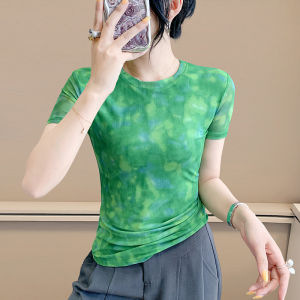 YIMEI YIMEI European Blended Mesh Top Womens 2025 Summer Design Slim fit Short Sleeve Round Neck T-shirt Plus Size Elastic Small Shirt