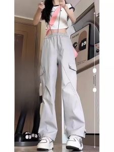 Gray Fleece Lined Loose Straight Leg Cargo Pants Womens Autumn Winter New Style Waterproof Windproof Hiking Trousers