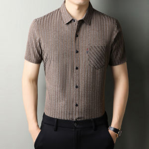 Lormen Mens Short Sleeve Linen Shirt Summer Thin Business Casual No Iron Striped Half Sleeve Fashion Urban Style Youth Daily Wear