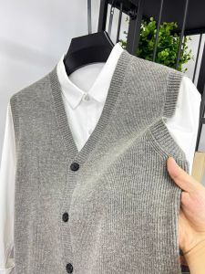 Mens Knitted V-neck Button-up Sweater Vest Casual Pure Color Autumn Fashion Outerwear Comfortable Breathable Youth Style